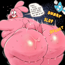 anthro big_butt biped blue_body bodily_fluids breasts butt butt_focus cleavage clothed clothing dialogue digging_into_butt duo female huge_butt humor looking_back male male_focus motion_outline nude obese obese_anthro obese_male onomatopoeia open_mouth overweight overweight_anthro overweight_male pink_body question_mark searching solo_focus sound_effects speech_bubble sweat sweaty_butt tail text whiskers worried lewdbeef cartoon_network the_amazing_world_of_gumball nicole_watterson richard_watterson domestic_cat felid feline felis lagomorph leporid mammal rabbit 1:1 english_description english_text hi_res