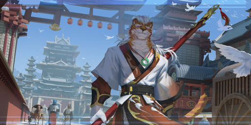 ambiguous_gender anthro blue_body blue_fur blue_sky building clothed clothing facial_markings feral front_view fur group hair head_markings holding_object holding_weapon jewelry lamp lantern looking_at_viewer male markings necklace orange_body orange_fur orange_tail outside pink_eyes red_clothing red_topwear sky solo_focus striped_markings striped_tail stripes tail tail_markings topwear vehicle wagon weapon white_body white_clothing white_fur white_hair white_topwear yellow_tail awaldkize absurd_res hi_res