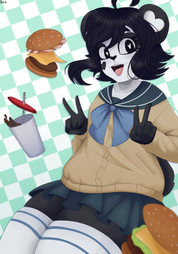 ahoge asian_clothing beverage bottomwear burger checkered checkered_background clothing container cup disposable_cup double_v_sign east_asian_clothing female food fur gesture hair hand_gesture heart_pupils heart_symbol japanese_clothing japanese_school_uniform kneeling legwear open_mouth pattern_background school_uniform serafuku simple_background skirt smile soda solo thick_thighs thigh_highs uniform v_sign white_body white_fur suchimonix ken_ashcorp kenny_(kenashcorp) bear giant_panda mammal absurd_res hi_res