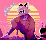 anthro brown_body brown_fur clothed clothing fur looking_away male pink_background purple_eyes simple_background solo synthwave topwear coalsack outrun mammal procyonid raccoon hi_res