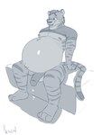 anthro belly big_belly bodily_fluids bottomless clothed clothing cum cum_drip dripping flaccid genital_fluids genitals male navel nipples outie_navel pecs penis pregnant pregnant_anthro pregnant_male shirt topwear cudacore kaydex felid mammal pantherine tiger blue_and_white hi_res monochrome