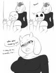 2018 angry animated_skeleton anthro blush bodily_fluids bone boss_monster_(undertale) bovid breasts caprine comic digital_media_(artwork) duo english_text female hi_res horn inuyuru larger_female male mammal mature_anthro mature_female monochrome sans_(undertale) size_difference skeleton smaller_male smile soriel sweat text toriel tsundere undead undertale undertale_(series)