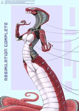 anthro apode bare_breasts belly black_claws blue_background blue_eyes blue_lights blue_markings breasts claws exoskeleton featureless_breasts featureless_crotch female geometric_background gesture give_(gesture) glowing glowing_eyes glowing_hood glowing_markings grey_neck hand_gesture legless looking_at_viewer markings metallic_body multicolored_body neck_markings non-mammal_breasts nude nude_anthro nude_female purple_background raised_finger raised_index_finger red_body ridged_mouth scales segmented_arms segmented_body segmented_neck segmented_tail serpentine simple_background snake_hood solo stripes synthetic_muscles tail tail_markings text three-quarter_view tube ventral_scales white_belly white_body white_stripes wire xenthetechnomorph x-com khody draconcopode naga reptile robot_anthro scalie snake snake_naga viper_(x-com) 2025 absurd_res dated digital_media_(artwork) english_text hi_res signature url