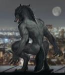 ambiguous_gender city claws crouching depth_of_field digitigrade full_moon glowing glowing_eyes looking_at_viewer moon muscular muscular_ambiguous sharp_teeth solo teeth whiskers yellow_eyes altagrin mythology canid canine mammal mythological_canine mythological_creature werecanid werecanine werecreature werewolf hi_res