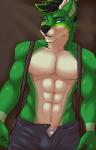 abs anthro biceps biped black_nose blue_eyes bottomwear bulge clothed clothing fur green_body green_fur male muscular muscular_anthro muscular_male open_bottomwear open_clothing open_pants pants pecs pose simple_background solo standing underwear fcsimba zavryn canid canine canis mammal wolf 2016 hi_res