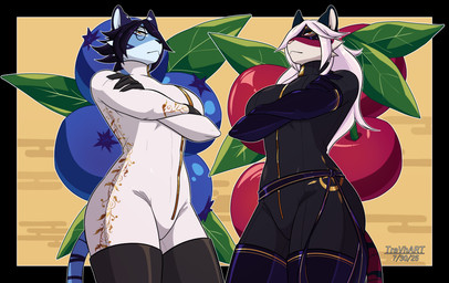 abs armwear blue_hair blueberry_(fruit) boots cherry claws clothing domino_mask duo elbow_gloves eyemask eyewear female food footwear fruit glasses gloves hair handwear leather legwear long_hair mask muscular muscular_female paws plant sash shoes short_hair skinsuit stripes tall_female teacher thief thigh_boots thigh_highs tight_clothing white_hair zipper trevhart jean_merlin zora_orian felid mammal pantherine tiger hi_res