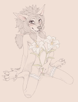 3_toes 4_fingers accessory anthro black_nose blush claws convenient_censorship dewclaw digitigrade fangs feet female fingers flat_chested flower garter_belt garter_straps hair hair_accessory hair_ring long_ears long_hair looking_at_viewer mauve_background navel nude pawpads plant sitting slim smile solo spread_legs spreading teeth toes young young_anthro young_female fuchs blizzard_entertainment warcraft hilda_(warcraft) canid mammal werecanid werecreature worgen 2026 digital_media_(artwork) hi_res monochrome sketch spot_color