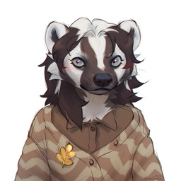 anthro blue_eyes brown_body brown_clothing brown_fur brown_hair brown_topwear clothed clothing female female_anthro front_view fur hair looking_at_viewer mouth_closed pupils red_pupils simple_background solo topwear whiskers white_background white_body white_fur white_hair lostgoose badger mammal mustelid musteline 1:1 2024 bust_portrait dated hi_res portrait signature