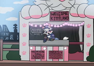 ambiguous_gender anthro clothed clothed_anthro clothing dialogue eyeshadow fingerless_gloves fur gloves handwear makeup overalls paws solo speech_bubble text whiskers white_body white_fur y0urd3sir3 kitty_(y0urd3sir3) domestic_cat felid feline felis mammal english_text hi_res