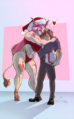 abs anthro big_breasts bra breast_squish breasts christmas_clothing christmas_headwear clothing duo female gift hair hat headgear headwear holidays horn kissing_forehead larger_female male male/female muscular muscular_anthro muscular_female olga_(wingblack) panties pink_hair santa_hat size_difference smaller_male squish thick_thighs underwear wide_hips bigoldoinks christmas eugene_(irvingwrites) bovid bovine cattle felid lion mammal pantherine hi_res