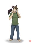 2012 barefoot bottomwear brown_hair clothed clothing feet gender_transformation gillpanda hair happy hat headgear headwear human male mammal mtf_transformation open_mouth pants shirt simple_background smile solo standing topwear transformation white_background