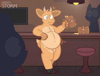 alcohol anthro bar barefoot beer belly beverage big_belly brown_body brown_fur chugging confusion container drinking drunk feet fur furniture grey_eyes hooves horn jar light_bulb male overweight overweight_anthro overweight_male solo substance_intoxication sweety_storm background_character bovid caprine goat mammal 2020 colored digital_media_(artwork) hi_res