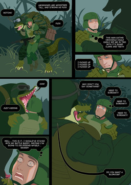 anthro armor barefoot blue_eyes body_armor breasts claws clothing dialogue feet female green_body green_scales green_sclera group gun headgear helmet human_on_anthro interspecies larger_female male open_mouth profanity ranged_weapon scales sharp_teeth size_difference smaller_male teeth text toe_claws trio weapon smolevn guy_randoms sgt._bertha_gator crocodile crocodilian human mammal reptile scalie comic english_text hi_res