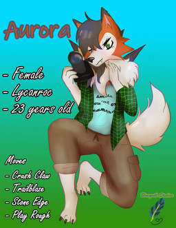 anthro bottomwear camera claws clothing fangs female flannel_shirt green_eyes grey_hair hair orange_body pants paws solo teeth text bluequill_studios nintendo pokemon aurora_citrine dusk_lycanroc generation_7_pokemon lycanroc pokemon_(species) absurd_res english_text hi_res
