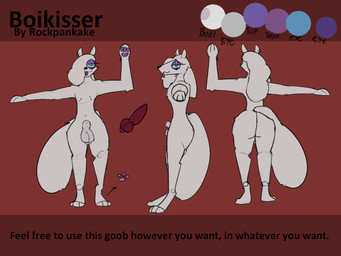 animal_genitalia balls bedroom blep canine_genitalia featureless_crotch genitals hair hair_over_eye male paws penis sheath solo standing text tongue tongue_out white_body rockpankake boy_kisser_(rockpankake) canid canine mammal 2025 4:3 digital_media_(artwork) english_text hi_res model_sheet