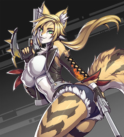 anthro arm_tuft armwear belt big_breasts blonde_hair bottomwear breasts butt chest_tuft clothing crop_top denim denim_bottomwear denim_clothing denim_shorts dual_wielding eyebrows eyelashes female fingerless_gloves fur gloves green_eyes gun hair handgun handwear holding_object holding_weapon inner_ear_fluff jacket legband midriff nipple_outline ponytail ranged_weapon revolver shirt shorts shoulder_tuft smile solo thighband topwear tuft weapon white_body white_fur yellow_body yellow_fur luigiix mihoyo zenless_zone_zero pulchra_fellini felid feline felis mammal thiren 2026 hi_res