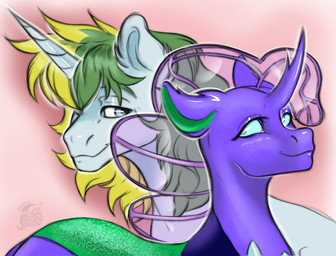 blonde_mane blue_body blue_eyes blue_fur blue_horn closed_smile duo ear_tuft elytron eyebrows eyelashes female female_feral feral fur green_eyebrows green_inner_ear green_mane half-closed_eyes happy horn light logo looking_at_another looking_at_partner looking_back looking_back_at_another looking_back_at_partner male male_feral mane medium_mane mouth_closed multicolored_body multicolored_skin narrowed_eyes no_eyebrows pink_background pupils purple_body purple_horn purple_mane purple_skin purple_tail simple_background smile smiling_at_another smiling_at_each_other tail tuft white_pupils rayrage friendship_is_magic hasbro my_little_pony mythology ocelia_(tertia) sol_bright changeling_(mlp) equid equine mammal mythological_creature mythological_equine unicorn 2026 absurd_res artist_logo colored digital_drawing_(artwork) digital_media_(artwork) english_description hi_res lighting shaded