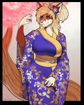 5_fingers accessory anthro asian_clothing big_breasts blonde_hair border breasts clothed clothing east_asian_clothing female fingers flower flower_in_hair grey_eyes hair hair_accessory japanese_clothing kimono plant smile solo transparent_border porin ryoko_(earthymuffin) canid canine fox mammal 2019 alpha_channel digital_media_(artwork) hi_res shaded