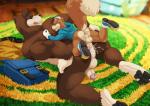 anal anal_penetration anthro anthro_on_anthro anus ass_up backsack balls banjo-kazooie banjo_(banjo-kazooie) barefoot bear big_muscles biped blue_eyes blurred_background blush bodily_fluids bottomless brown_body brown_fur butt clothed clothed/nude clothing conker conker's_bad_fur_day crossover cum cum_in_ass cum_inside depth_of_field digital_media_(artwork) dipstick_tail duo erection feet fluffy fluffy_tail footwear foreskin fur furryratchet genital_fluids genitals gloves handwear hi_res hoodie humanoid_genitalia humanoid_penis interspecies larger_male legwear looking_back lying male male/male male_on_bottom male_on_top male_penetrated male_penetrating male_penetrating_male mammal markings muscular muscular_male nude on_bottom on_front on_ground on_top on_top_of penetration penis penis_backwards perineum raised_tail rareware rodent sciurid sex shaded shoes side_view size_difference small_dom_big_sub small_top_big_bottom smaller_male smile sneakers socks soft_shading tail tail_markings tongue topwear tree_squirrel