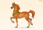 ambiguous_gender eyebrows feral hair halter hooves mane orange_body orange_eyes orange_hair orange_mane orange_tail raised_leg raised_tail rope_around_neck simple_background smile solo tail text jenery equid equine horse mammal 2023 digital_media_(artwork) english_text hi_res watermark