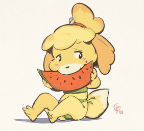 anthro bikini biped blush blush_stickers clothed clothing eating female food fruit fur melon plant simple_background sitting solo swimwear two-piece_swimsuit watermelon white_background yellow_body yellow_fur edtropolis animal_crossing nintendo isabelle_(animal_crossing) canid canine canis domestic_dog mammal shih_tzu toy_dog 2019 signature