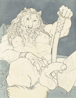 abs anthro axe ball_tuft balls battle_axe beard braided_beard braided_hair chair chest_tuft claws cuff_(restraint) ear_piercing facial_hair foreskin furniture genitals hair half-erect holding_battle_axe holding_melee_weapon holding_object holding_weapon humanoid_genitalia humanoid_penis long_hair looking_at_viewer male melee_weapon muscular muscular_anthro muscular_male nipples nude on_chair pecs penis piercing pubes restraints simple_background sitting sitting_on_chair solo tuft vein veiny_penis weapon wrist_cuffs vicekillx canid canine canis mammal wolf 2022 monochrome