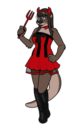 anthro big_nose black_boots black_bow black_clothing black_footwear black_lips black_nose boots brown_body brown_fur brown_hair choker clothing collar costume cutlery dress eyelashes eyewear female footwear fork fur glasses glistening glistening_boots glistening_clothing glistening_footwear glistening_hair glistening_lips glistening_nose hair half-closed_eyes halloween_costume holidays jewelry kitchen_utensils lips long_hair long_tail narrowed_eyes necklace pawpads paws philtrum pitchfork red_clothing red_dress round_glasses shoes simple_background smile solo tail thick_lips tools white_background blackshirtboy halloween otter_(blackshirtboy) mammal mustelid otter 2017
