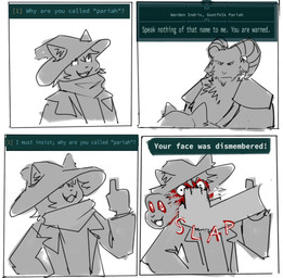 angry anthro armor attack blood bodily_fluids border clothed clothing dark_humor dialogue dialogue_box dismemberment duo face_slap four_frame_image four_frame_sequence frown fur furgonomics hair hand_on_face hat headgear headwear horn humor jacket kerchief male mutilation narrowed_eyes neckerchief neckwear onomatopoeia open_mouth open_smile pauldron simple_background slap smile sound_effects standing teeth text text_box topwear tuft white_background white_border wide_eyed pochowek caves_of_qud bovid caprine domestic_cat felid feline felis goat goatfolk_(coq) mammal 2025 absurd_res character_name comic digital_drawing_(artwork) digital_media_(artwork) english_text hi_res multiple_scenes restricted_palette sketch