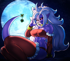 abs armwear big_breasts big_hair black_sclera bottomwear bracelet breasts cleavage clothed clothing ear_piercing ear_ring eyelashes eyewear female front_view glasses hair humanoid_pointy_ears jewelry legwear long_hair looking_at_viewer moon night nipple_outline piercing pink_body pointy_ears rectangular_glasses red_armwear red_bottomwear red_clothing red_eyes red_legwear red_thigh_highs red_topwear ring_piercing sitting smile solo tail thick_thighs thigh_highs topwear white_hair wide_hips weirder_garrett dragon_ball dragon_ball_fighterz android_21 majin_android_21 humanoid majin tailed_humanoid absurd_res hi_res