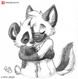 anthro cheek_tuft chest_tuft closed_smile duo eyes_closed facial_tuft happy hug logo male mouth_closed simple_background smile tuft young young_anthro young_male pandapaco parinton bear canid canine giant_panda mammal 2020 artist_logo dated monochrome signature sketch