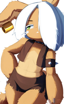 alternative_fashion ambiguous_anthro ambiguous_gender anthro armband black_eyebrows bottomwear brown_body brown_bottomwear brown_clothing brown_fur brown_shorts brown_topwear choker clothing ear_piercing ear_ring eyebrows flat_chested fluffy fluffy_ears fluffy_tail front_view fur gold_(metal) gold_ear_ring green_eyes hair hair_over_eye half-closed_eyes hand_on_hip horizontal_pupils jewelry long_tail midriff narrowed_eyes necklace open_mouth piercing punk pupils ring_piercing shorts solo spiked_armband spiked_choker spikes tail thick_thighs topwear torn_bottomwear torn_clothing torn_shorts whisker_spots whiskers white_hair white_whiskers wide_hips skalelsky made_in_abyss nanachi narehate 2026 absurd_res dated hi_res portrait signature three-quarter_portrait