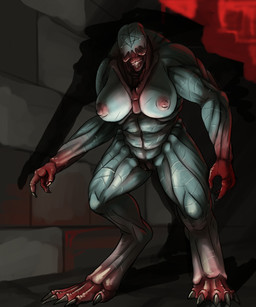 3_fingers anterior_nasal_aperture big_breasts blood blood_splatter bodily_fluids breasts claws dark eyeless facial_scar female fingers genitals grey_body grey_skin looking_at_viewer muscular muscular_female muscular_humanoid nipples not_furry occult_symbol pentagram red_nipples scar shadow solo standing symbol vulva oniontrain doom_(series) id_software microsoft demon demon_humanoid hell_knight humanoid hi_res shaded