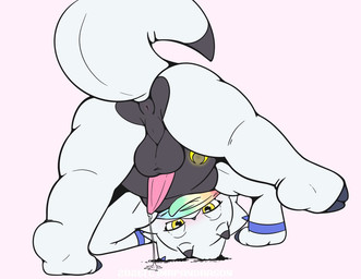 anthro anus backsack balls belly bodily_fluids butt erection genital_fluids genitals looking_through looking_through_legs male penis perineum precum presenting presenting_anus slightly_chubby solo spread_legs spreading white_body mrpandragon bandai_namco digimon digimon_(species) gammamon scalie