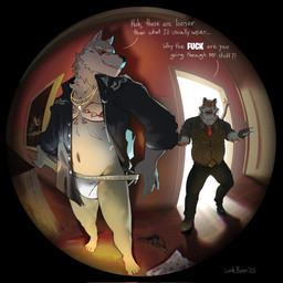 accessory anthro belt bottomwear boxers_(clothing) clothed clothing clothing_theft dialogue doorway duo fingerless_gloves fisheye_lens footwear gloves handwear heart_boxers heart_clothing heart_symbol heart_underwear jewelry jockstrap male male/male meander muscular muscular_anthro muscular_male necklace necktie open_clothing open_shirt open_topwear pants profanity scar shirt shoeless shoes slightly_chubby slightly_chubby_anthro slightly_chubby_male stealing text topwear underwear vest lunkbunn epic_games fortnite fletcher_kane oscar_(fortnite) canid canine canis felid mammal pantherine tiger wolf 2025 english_text hi_res signature