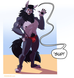 anthro beach body_hair bulge claws clothed clothing happy_trail hat headgear headwear male muscular muscular_male nipples paws pecs plantigrade skimpy solo speech_bubble speedo swimwear yellow_sclera rusheloc mythology rush_eloc_(rusheloc) canid canine mammal mythological_canine mythological_creature werecanid werecanine werecreature werewolf hi_res