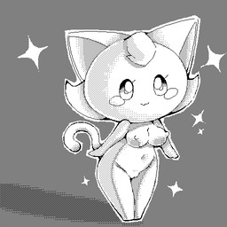 :3 anthro blush breasts eyelashes female genitals nipples solo vulva conditional_dnp exed_eyes domestic_cat felid feline felis mammal 1:1 2016 aliasing black_and_white digital_media_(artwork) greyscale monochrome