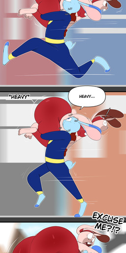3_panel_comic annoyed anthro big_butt blue_body blue_clothing blue_eyes blue_fur breasts buckteeth butt carrying_another clothing describing_butt detailed_background dialogue duo female fur hero huge_butt kerchief looking_back male pink_body pink_fur red_clothing running speech_bubble talking_to_another teeth text thick_thighs masterj291 bruiser_bunny lightning_hare lagomorph leporid mammal rabbit absurd_res comic english_text hi_res