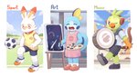 anthro ball bottomwear clothing drumming female group male painting shorts soccer sport sportswear fultemounte nintendo pokemon generation_8_pokemon grookey mammal pokemon_(species) primate scorbunny sobble digital_media_(artwork) hi_res shaded