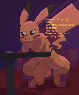 anthro armchair balls big_balls big_penis black_sclera black_stripes brothel chair dialogue emoji foreskin furniture genitals half-erect huge_penis human_fetish male nude penis resting_on_arms sitting solo stated_sexuality stripes table text thick_penis thick_thighs vein veiny_penis white_eyes yellow_body n31l nintendo pokemon generation_1_pokemon pikachu pokemon_(species) english_text film_grain hi_res