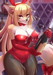 anthro big_breasts blonde_hair bottle breasts bunny_costume cleavage clothed clothing container costume female hair lingerie solo teddy_(clothing) dannyckoo kinuli canid canine mammal hi_res