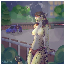 alternative_fashion blush border breasts cigarette clothing female looking_at_viewer nude panties parking_lot public public_exposure public_nudity smoking smoking_cigarette solo underwear voyeur white_border sbaru felid leopard mammal pantherine absurd_res hi_res