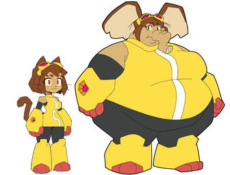 alternate_species anthro belly big_belly big_breasts big_ears breasts brown_hair clothing eyewear eyewear_on_head female goggles goggles_on_head hair proboscis_(anatomy) solo thick_thighs trunk_(anatomy) wide_hips hugo_enrique_art gameoverse glitch_productions kit_bodega domestic_cat elephant elephantid felid feline felis mammal proboscidean reference_image