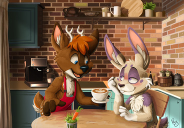 anthro antlers apron blue_eyes blush buckteeth carrot casual_nudity chair cheek_tuft chest_tuft closed_smile clothed clothed/nude clothed_anthro clothed_male clothing dipstick_ears duo ear_markings facial_tuft food fur furniture glistening glistening_eyes gloves_(marking) hair horn indoor_nudity inside kitchen logo male male_anthro markings mouth_closed multicolored_ears nude nude_anthro nude_male open_mouth open_smile orange_hair pink_inner_ear plant purple_body purple_eyes purple_fur red_apron red_clothing sitting smile table tan_body tan_fur teeth text three-quarter_view tuft vegetable white_antlers white_body white_fur pandapaco buckleythedeer rabidrabbit56 deer lagomorph leporid mammal rabbit artist_logo artist_name digital_drawing_(artwork) digital_media_(artwork) english_text handwritten_text shaded soft_shading