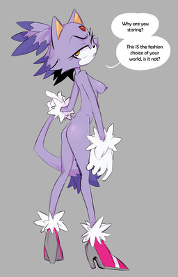 anthro areola black_nose breasts butt clothing dialogue dipstick_tail eyelashes female footwear forehead_gem fur gem gloves grey_background handwear looking_at_viewer markings nipples nude pink_clothing pink_footwear pink_shoes purple_areola purple_body purple_fur purple_nipples shoes simple_background small_breasts solo speech_bubble tail tail_markings talking_to_viewer text white_clothing white_gloves white_handwear yellow_eyes mythiilewdii sega sonic_the_hedgehog_(series) blaze_the_cat domestic_cat felid feline felis mammal english_text hi_res