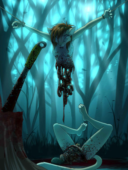 anthro areola bisected blood blood_puddle bodily_fluids bound breasts corpse death feet female female_death fingers forest fur gore gore_focus guts hair hands_tied intestines machete melee_weapon nipples nude open_mouth organs outdoor_nudity outside plant rope snuff solo tail teeth toes tree weapon frostbite80 domestic_cat felid feline felis mammal absurd_res digital_media_(artwork) hi_res