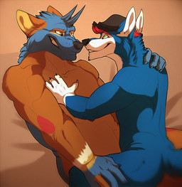 anthro biceps black_nose blue_body blue_fur brown_body brown_fur claws clothing duo eye_contact fur green_eyes hand_on_chest hat headgear headwear looking_at_another male male/male multicolored_body multicolored_fur muscular nude smile straddling teeth white_body white_fur yellow_eyes l-i-t-t-l-e_f-i-r-e canid canine mammal hi_res