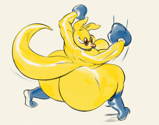 action_pose anthro biceps big_breasts big_butt big_tail biped boots bottom_heavy boxing boxing_gloves breasts butt clothing eyewear female footwear frown glasses handwear huge_butt huge_hips huge_thighs looking_at_viewer mostly_nude motion_lines muscular muscular_anthro muscular_female narrowed_eyes orange_nose overweight overweight_anthro overweight_female pose punch rear_view round_glasses shoes simple_background solo sport standing tail tail_motion thick_thighs white_background wide_hips yellow_body nondelismell gonzalez_(nondelismell) kangaroo macropod mammal marsupial 2023 full-length_portrait hi_res portrait