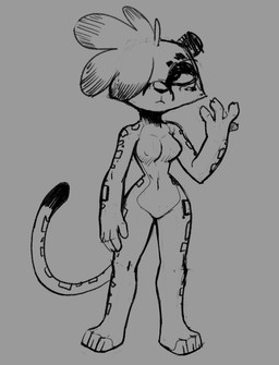 anthro biped breasts eyeshadow female fur hair hair_over_eye head_tuft long_tail makeup markings medium_breasts navel nipple_outline raised_arm simple_background small_waist solo spots spotted_body spotted_fur stern_look tail tuft wide_hips pusszone barika_(willwri) cheetah felid feline mammal 2023 monochrome sketch