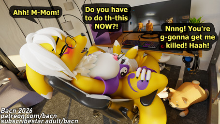 anthro areola big_breasts blush breasts claws computer cunnilingus detailed_background dialogue double_tomoe duo electronics female female/female fur furniture gaming hair happy happy_sex kneeling nipples nude open_mouth oral playing_video_game sex sitting smile spread_legs spreading tail teeth text tomoe_(symbol) vaginal white_body white_fur yellow_body bacn bandai_namco digimon renny_(bacn) canid canine digimon_(species) fox mammal renamon 16:9 2026 3d_(artwork) 4k absurd_res blender_(artwork) blender_cycles_(artwork) digital_media_(artwork) english_description english_text hi_res widescreen daughter_(lore) incest_(lore) mother_(lore) mother_and_child_(lore) mother_and_daughter_(lore) parent_(lore) parent_and_child_(lore) parent_and_daughter_(lore)
