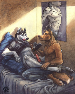 4_toes 5_fingers animal_genitalia animal_penis anthro bed bedroom blue_eyes bottomless bottomwear boxer_briefs bracelet brown_body brown_fur camera canine_genitalia canine_penis claws clothed clothing denim denim_bottomwear denim_clothing digitigrade duo erection feet finger_claws fingers fur furniture genitals grey_body grey_fur hindpaw inside jeans jewelry knot licking licking_lips lying male male/male masturbation on_back on_bed pants pawpads paws penile penile_masturbation penis pillow poster_(object) raised_clothing raised_shirt raised_topwear self_lick shirt tail toe_claws toes tongue tongue_out topless topwear underwear video_camera blotch bird_dog canid canine canis dalmatian domestic_dog golden_retriever hunting_dog husky mammal nordic_sled_dog retriever spitz 2009 traditional_media_(artwork)